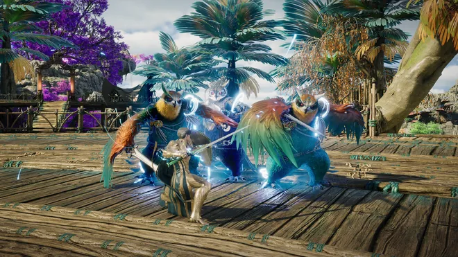 AION 2 player fighting owl-like creatures on a village platform