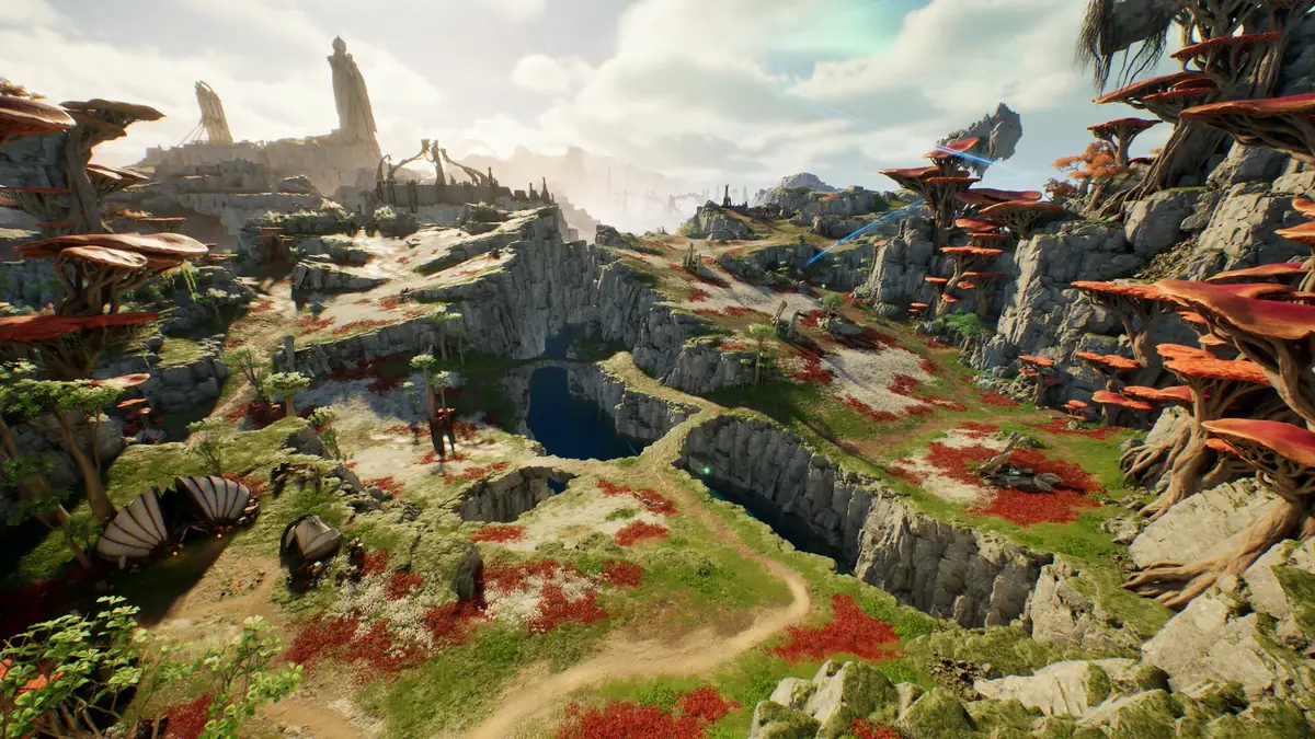 AION 2 open highlands zone with red mushroom trees and cliffside ruins