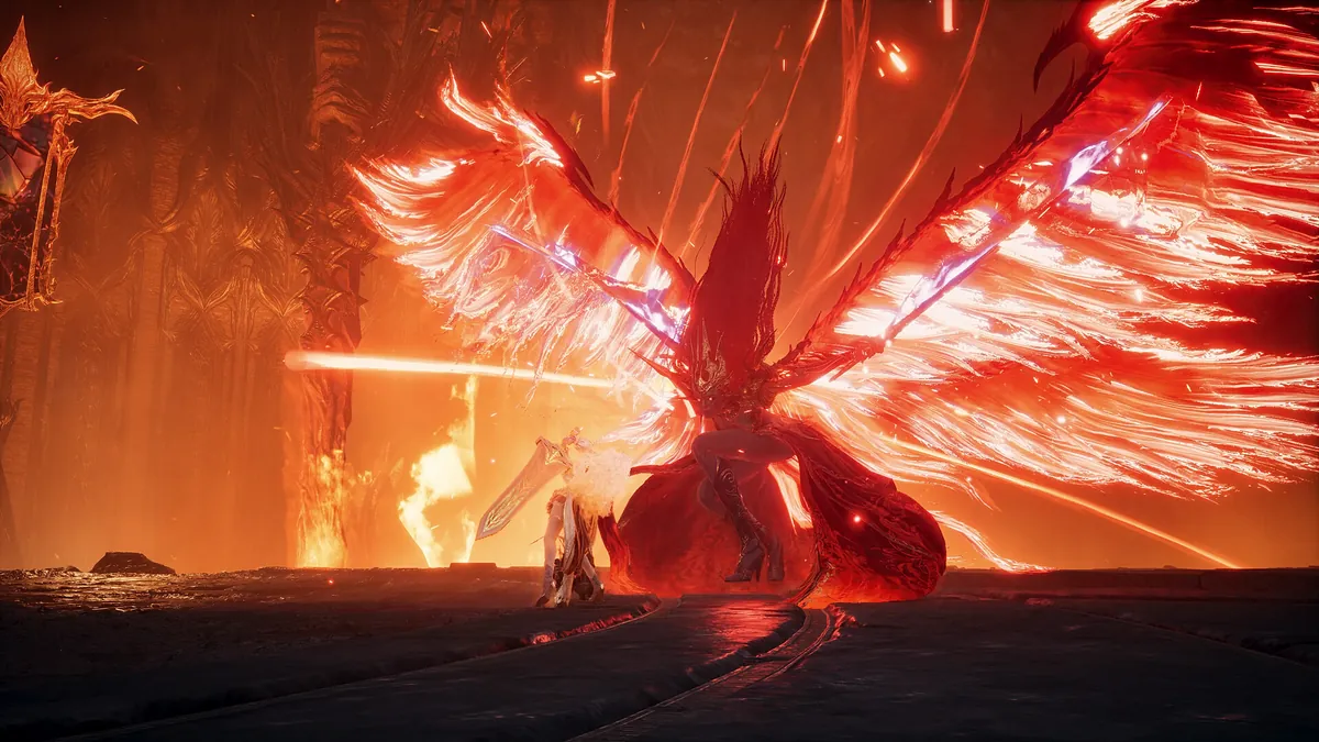 AION 2 raid boss with blazing red wings confronting a player