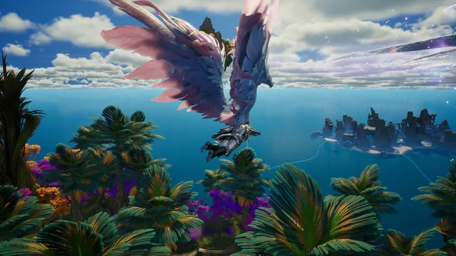 AION 2 character with wings flying over a tropical coastline