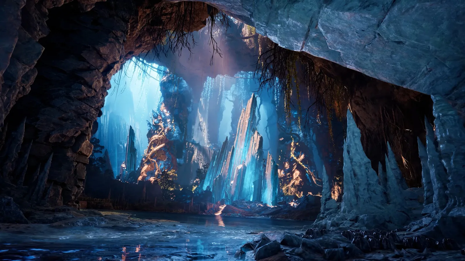 A crystal cavern interior in AION 2 with blue spires over still water