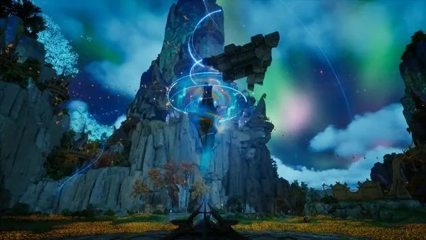 A column of light breaking through an aurora sky over an AION 2 zone