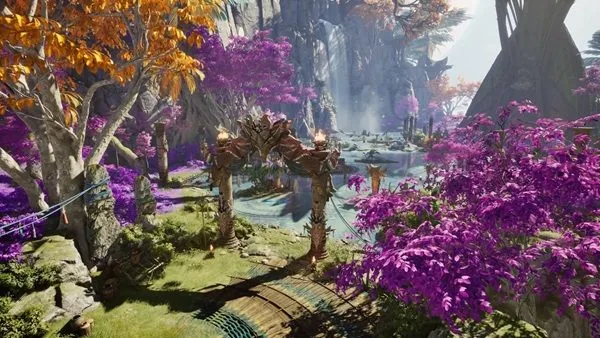 Torch-lit festival gate in a colorful AION 2 forest