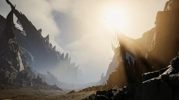 A dark canyon under harsh sun in an AION 2 Asmodian-flavored zone