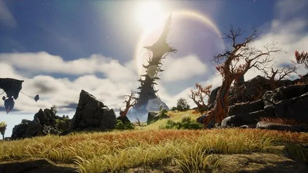 Open grassland and a giant spire in an AION 2 region