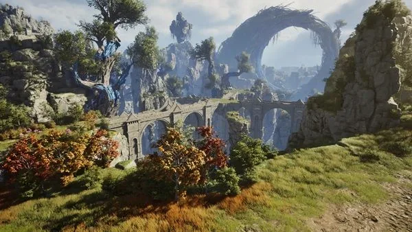 Ancient stone bridge crossing a canyon in AION 2