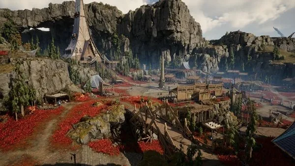 A settlement with market stalls and caravan paths in AION 2