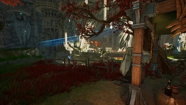 A shrine courtyard with red-leafed trees deep inside an AION 2 structure