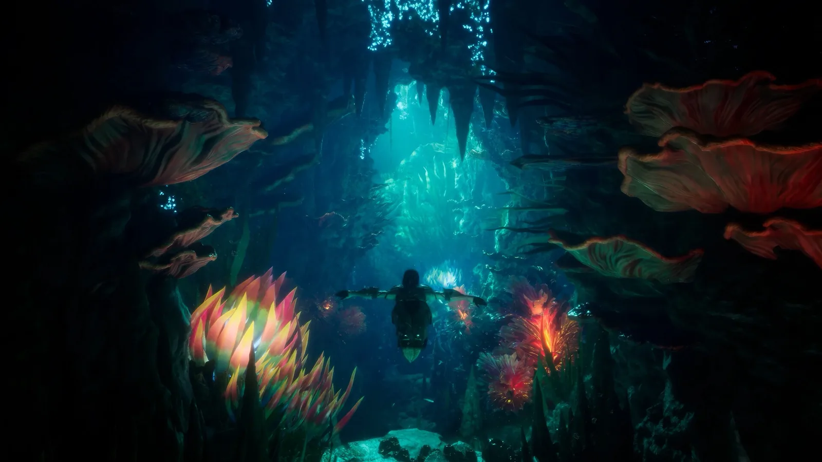 A submerged shrine lit by coral growth in AION 2