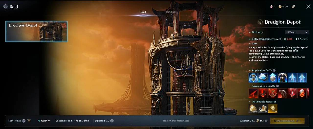 The Dredgion Depot raid menu in AION 2 showing entry requirements and rank points