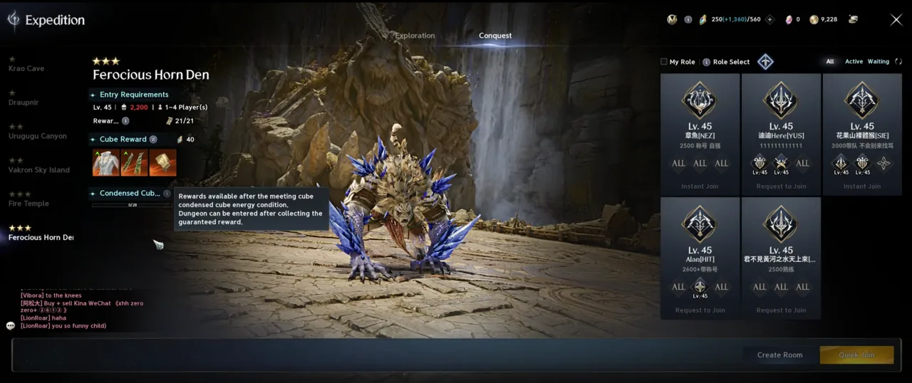 The Expedition menu showing the Condensed Cube reward condition for Ferocious Horn Den